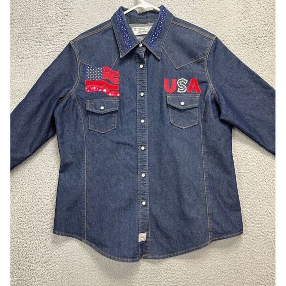 Levis Shirt Girls‎ Extra Large Blue Denim Pearl Snap Western Cowgirl Embroidered